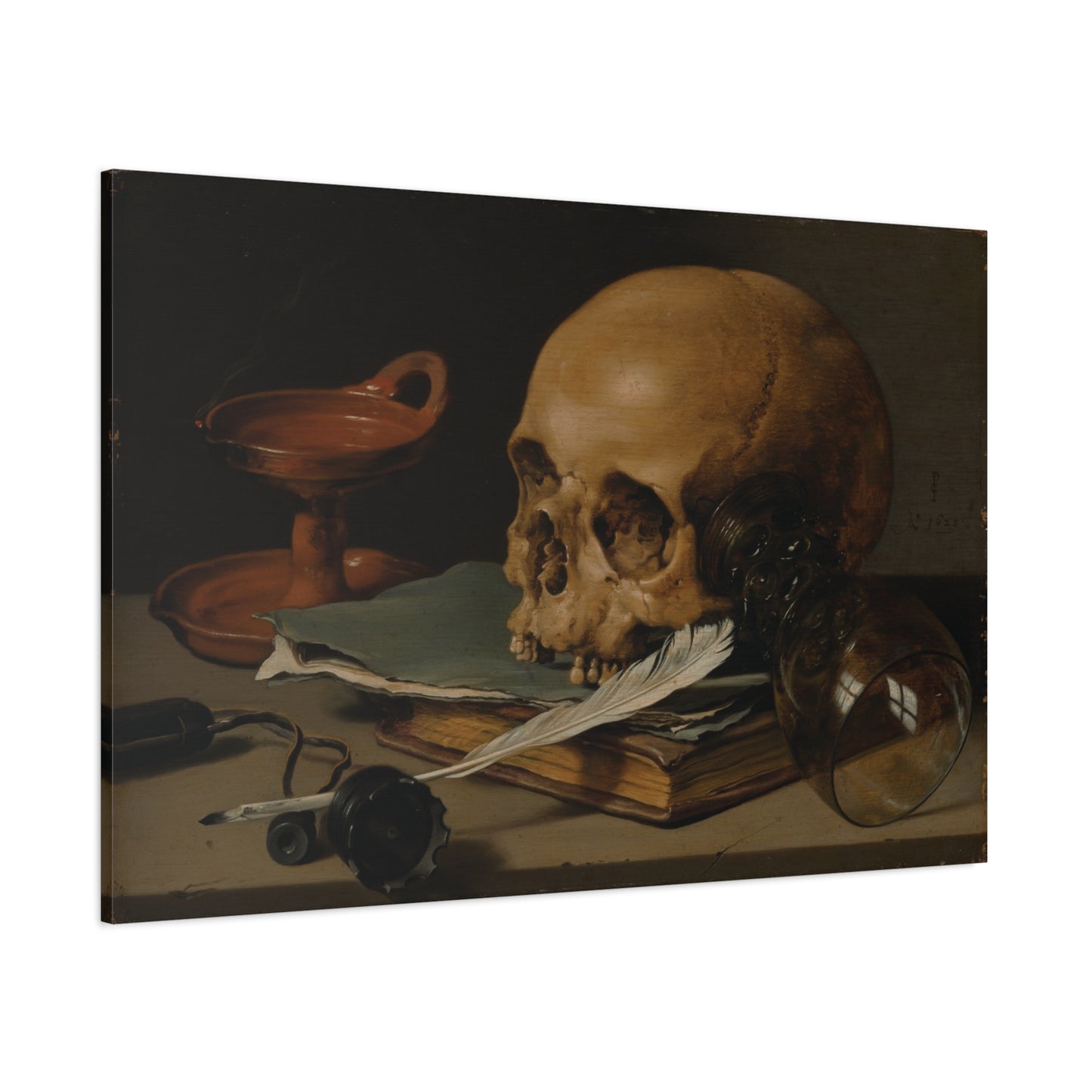 Still Life with a Skull and a Writing Quill, Pieter Claesz (c. 1628)